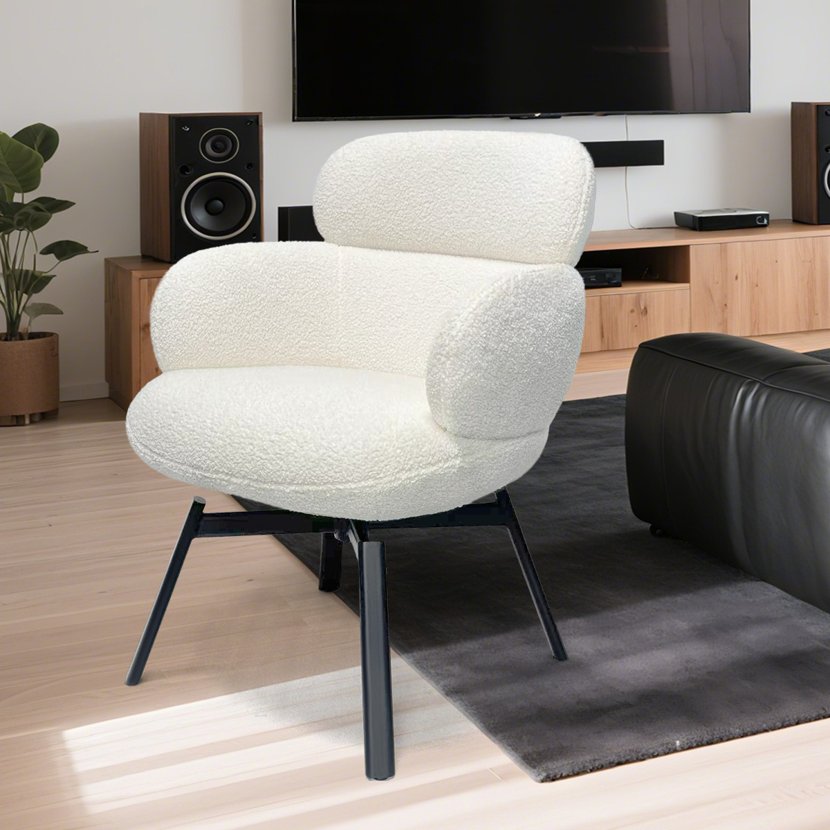 Modern Beyaz Bouclé/Teddy Fleece Kumaş Döner Lounge Sandalye Ekstra koltuk ve metal bacaklar