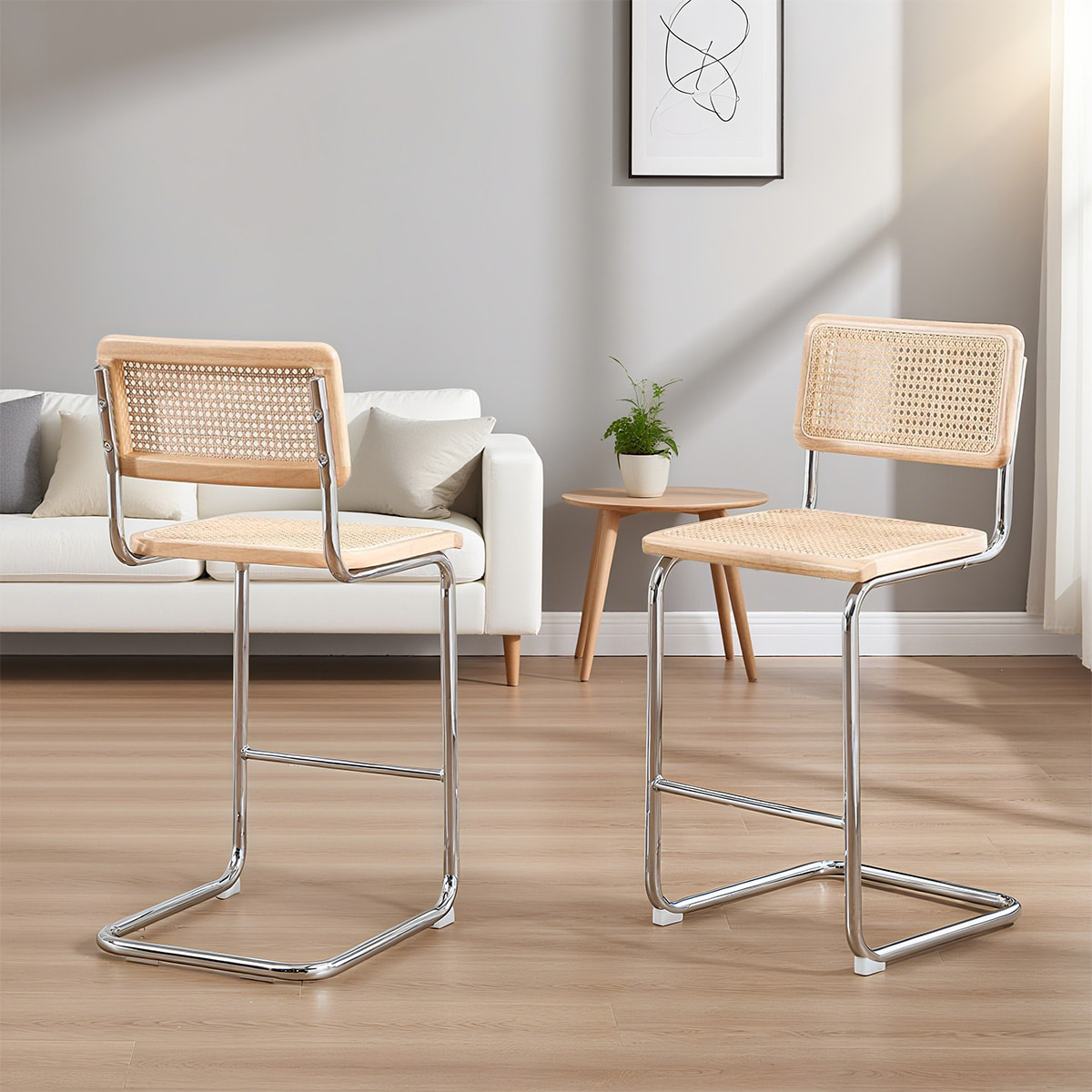Orta Yüzyıl Modern Rattan Konsol Tezgahı-Krom metal çerçeveli doğal baston arka ve koltuk