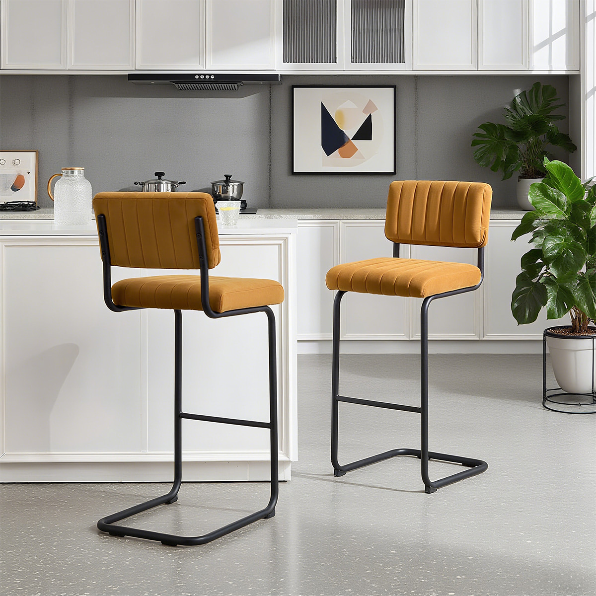 Orta Yüzyıl Modern Kadife Konsol Bar Dışkısı-Tutuklu Döşemeli Koltuk Backrest & Mat Siyah Metal Çerçeve
