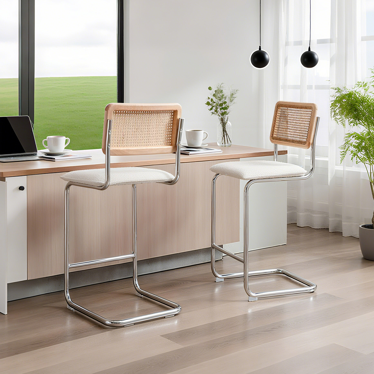 Rattan Arka Boçlu Bar taburesi Chrome konsol tabanı-yüzyıl ortası modern sayaç yükseklik sandalyesi