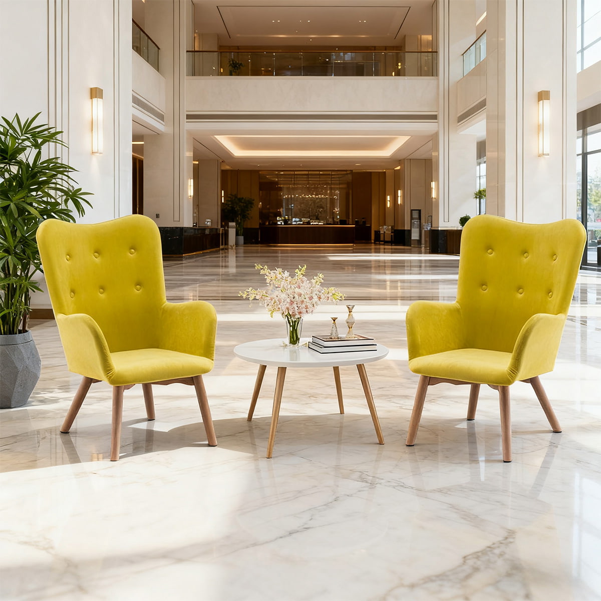 Modern Sarı Kadife Vurgulu Koltuk - Oturma Odası, Yatak Odası veya Ofis için Ahşap Ayaklı ve Kolçaklı Kanatlı Püsküllü Boş Sandalye